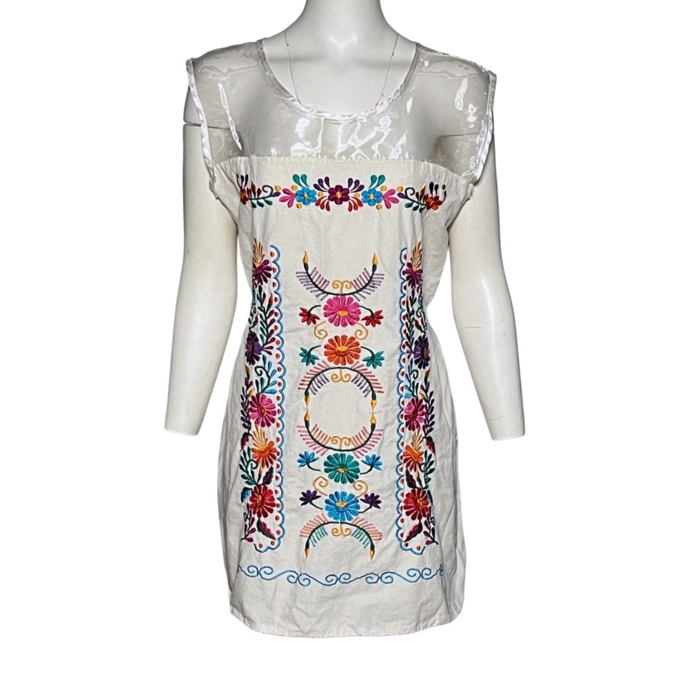Mexican Embroidered Traditional Peasant Dress Size G, L White Floral Boho Huipil